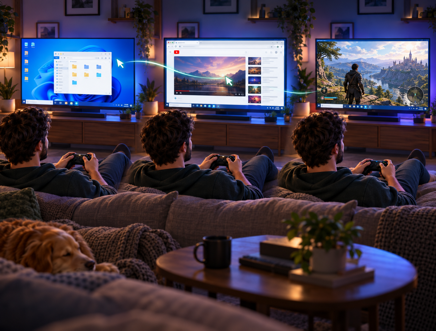 Three moments of a man using a gamepad from the couch: Windows desktop, YouTube in a browser, and a Windows PC game.